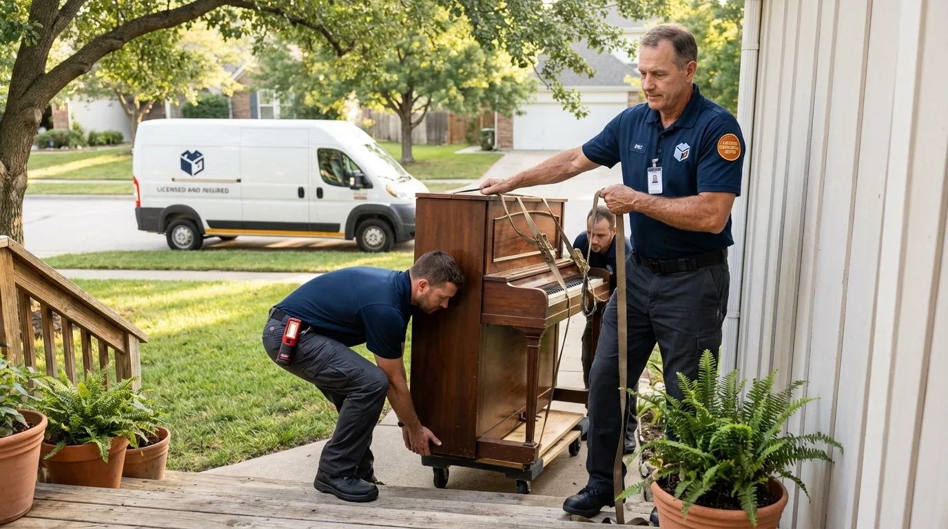 Licensed piano movers securing grand piano in Ridgway, PA