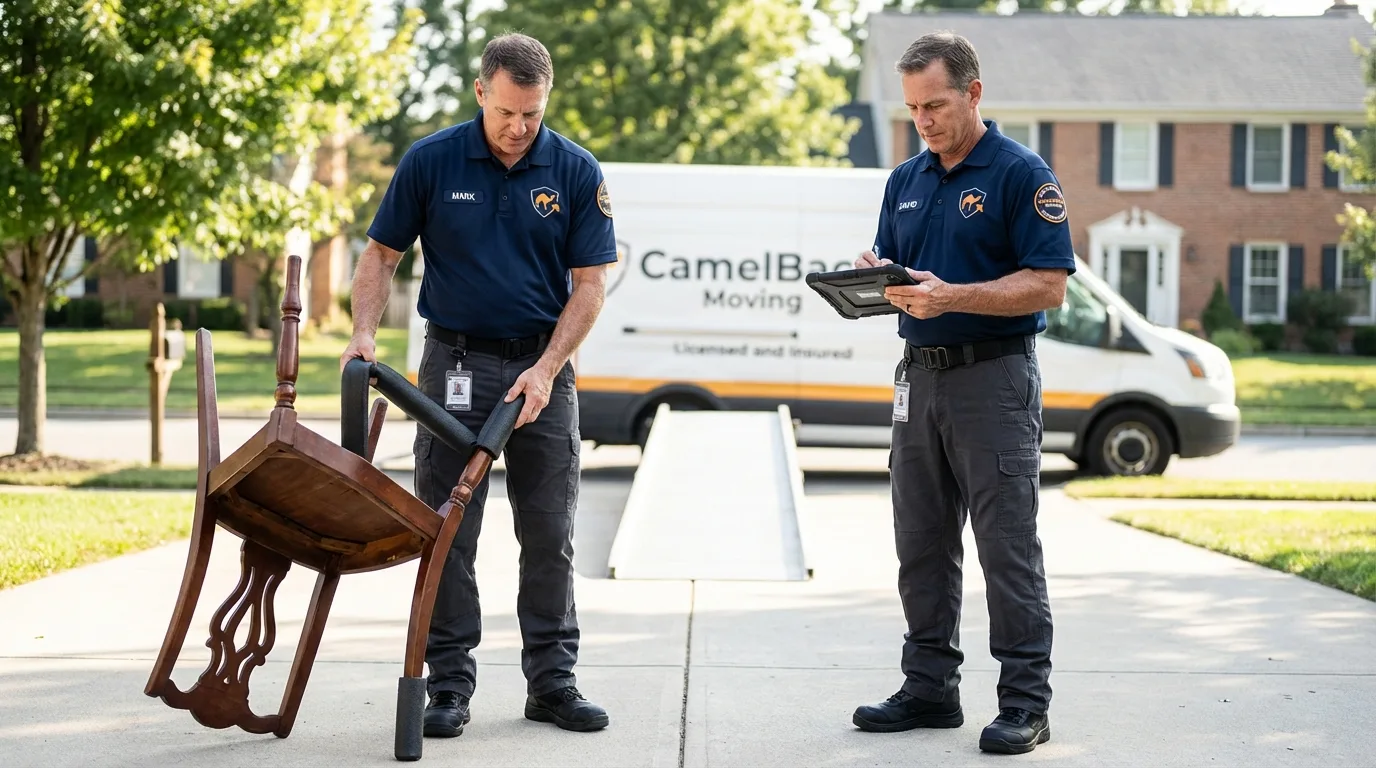 Movers inspecting furniture for damage prevention before loading in Ridgway, PA