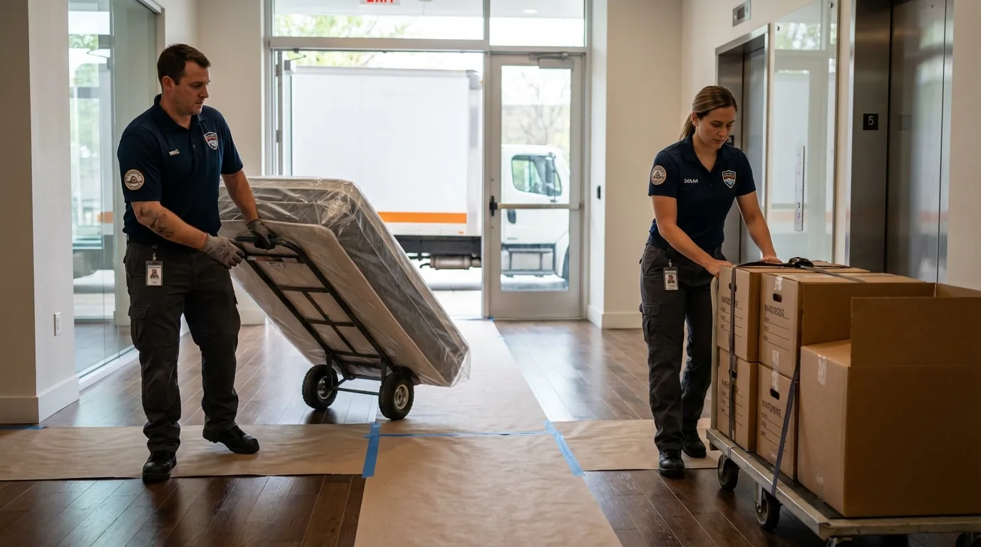 Professional apartment movers loading elevator in Ridgway, PA