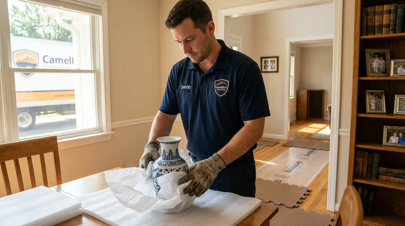 Professional crew carefully wrapping antique vase for senior downsizing move in Ridgway, PA
